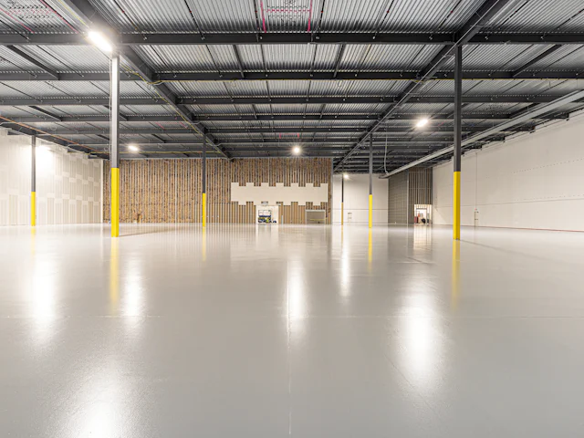 Seamless epoxy resin floor coating in an industrial space